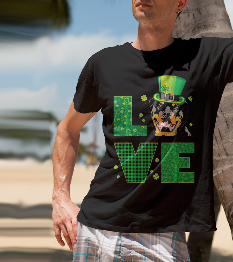 Love Rottweiler St. Patrick's Day Hat Green Shamrock Leaf T-Shirt