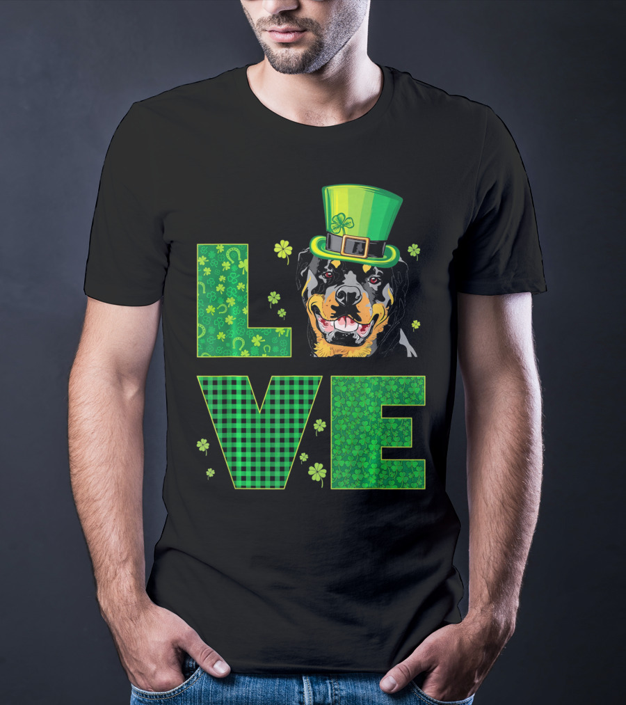 Love Rottweiler St. Patrick's Day Hat Green Shamrock Leaf T-Shirt