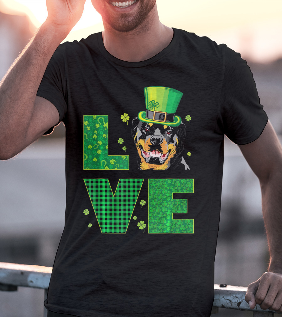 Love Rottweiler St. Patrick's Day Hat Green Shamrock Leaf T-Shirt