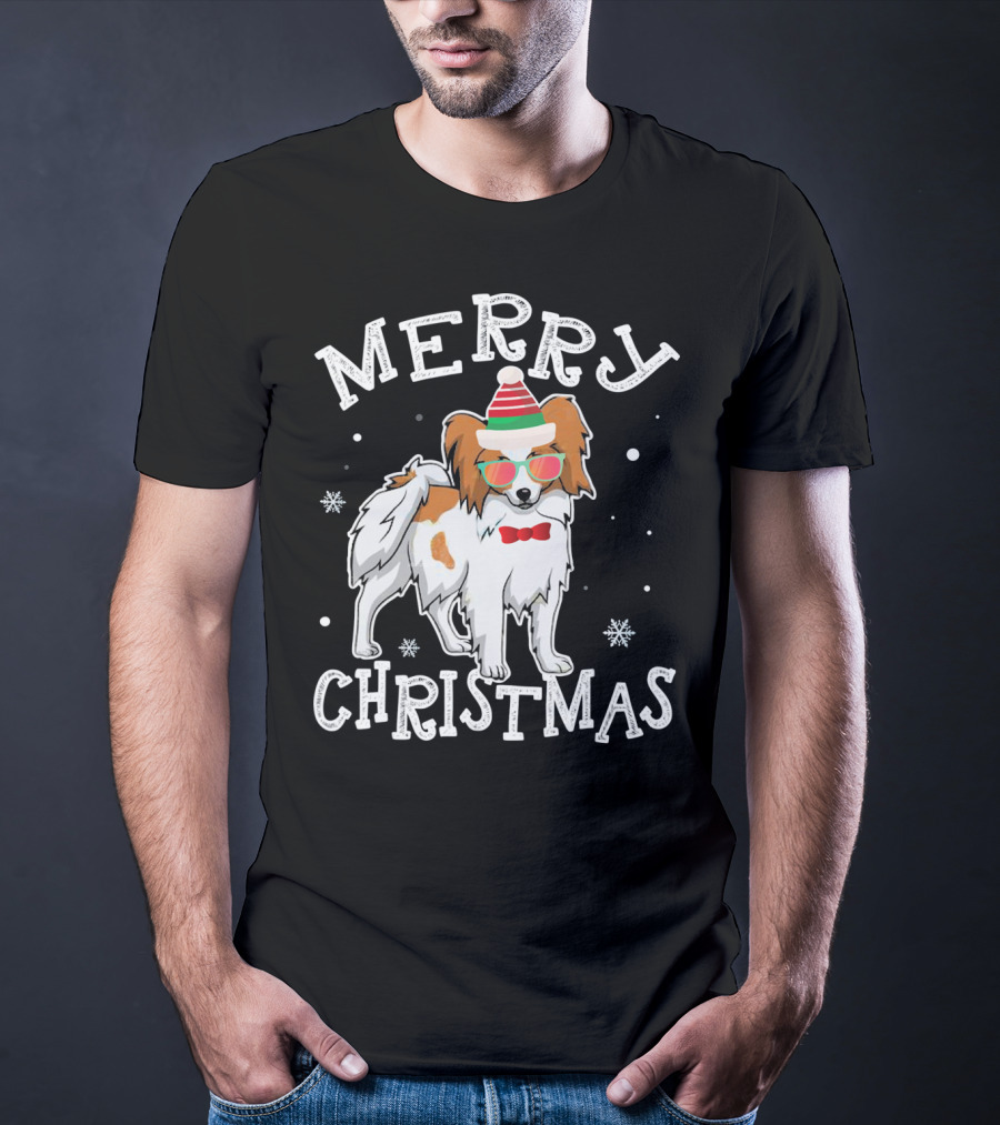 Merry Christmas Papillon Noel Hat Bowtie Snowflakes T-Shirt