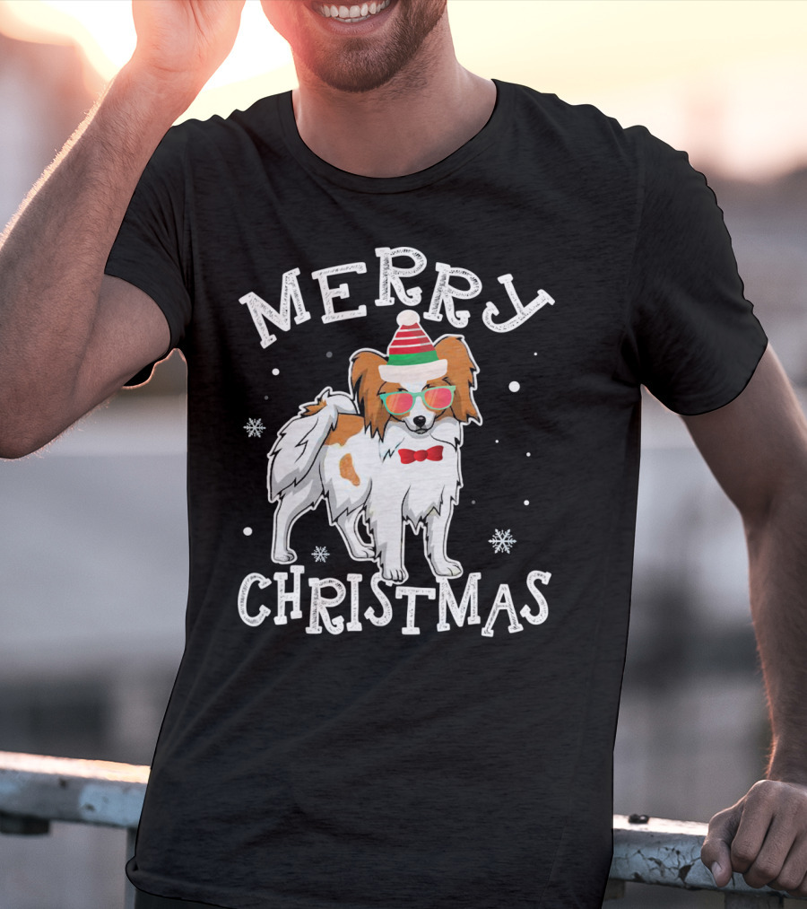 Merry Christmas Papillon Noel Hat Bowtie Snowflakes T-Shirt