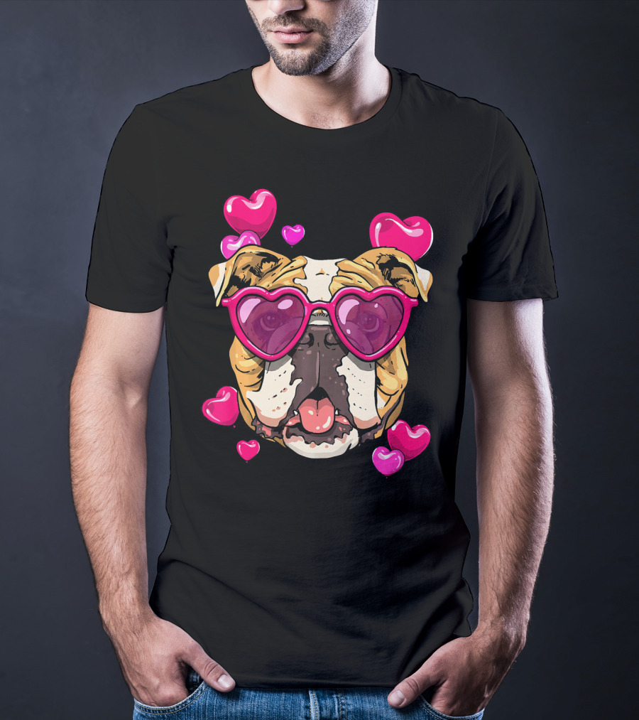 American Bulldog Heart Sunglasses Pink Hearts Valentine's Day T-Shirt