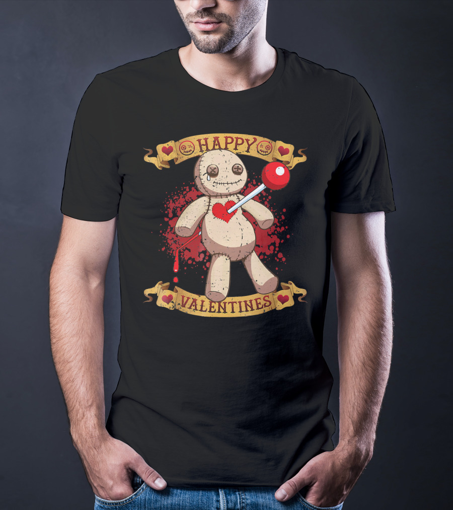 Happy Valentines Voodoo Doll With Heart And Lollipop Stabbing T-Shirt