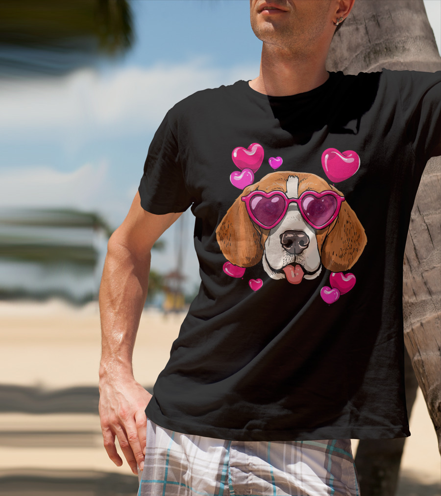 Beagle With Heart Sunglasses Surrounded By Pink Hearts Valentines Day Dog T-Shirt