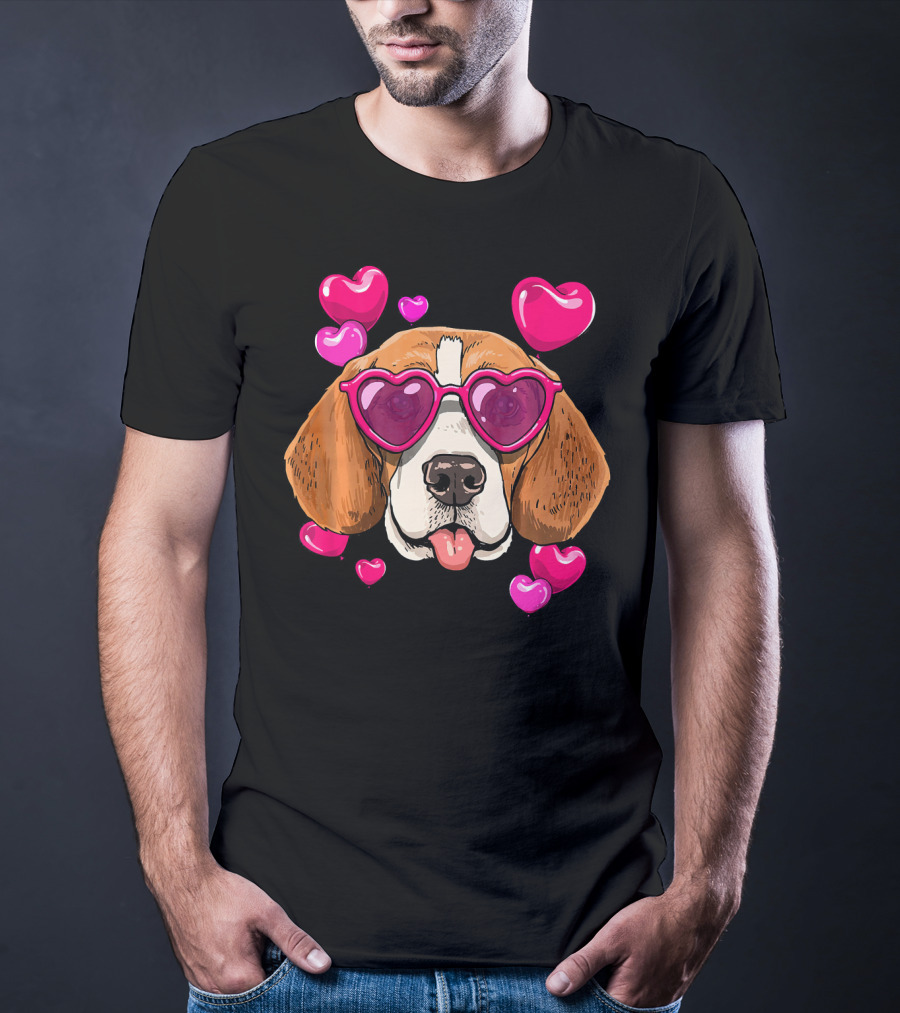 Beagle With Heart Sunglasses Surrounded By Pink Hearts Valentines Day Dog T-Shirt