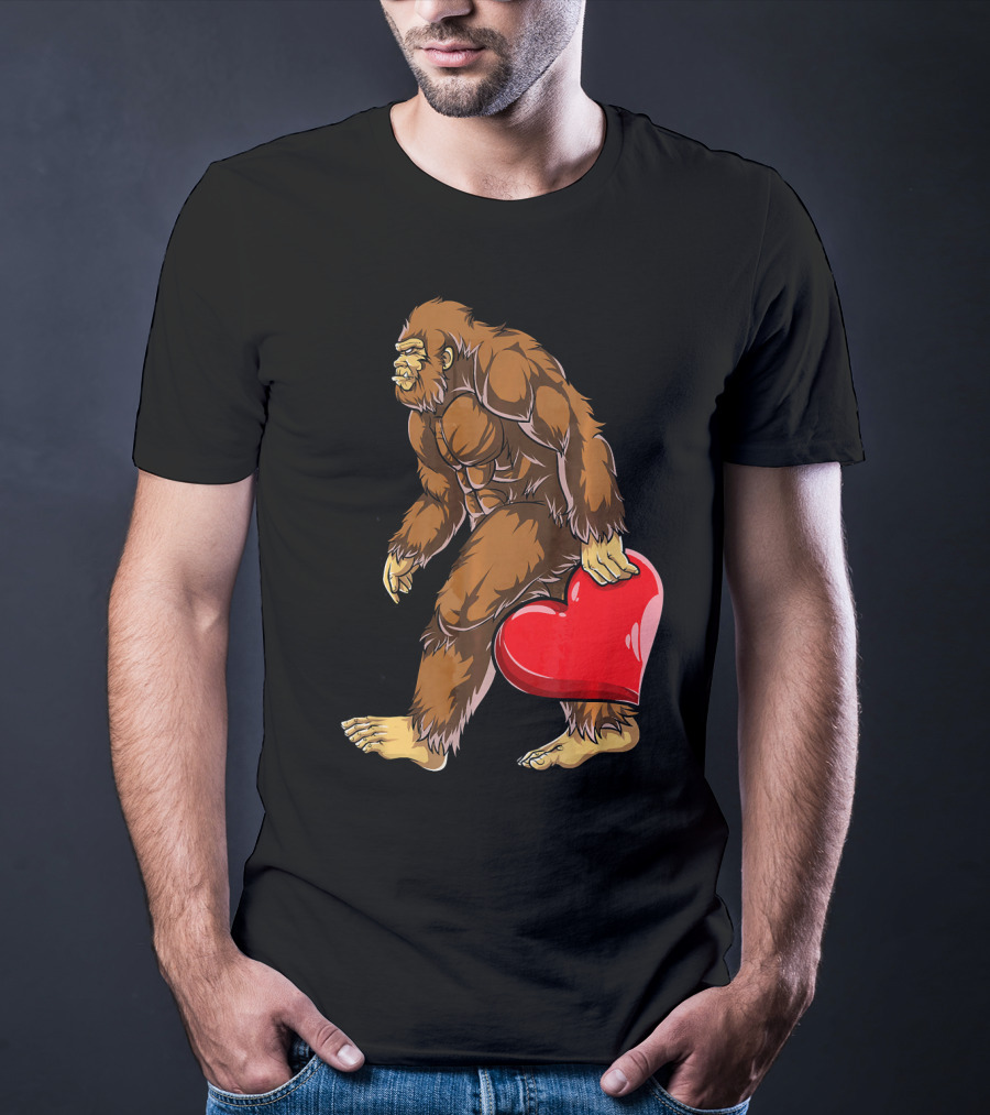 Bigfoot Carrying Heart Funny Valentine's Day T-Shirt