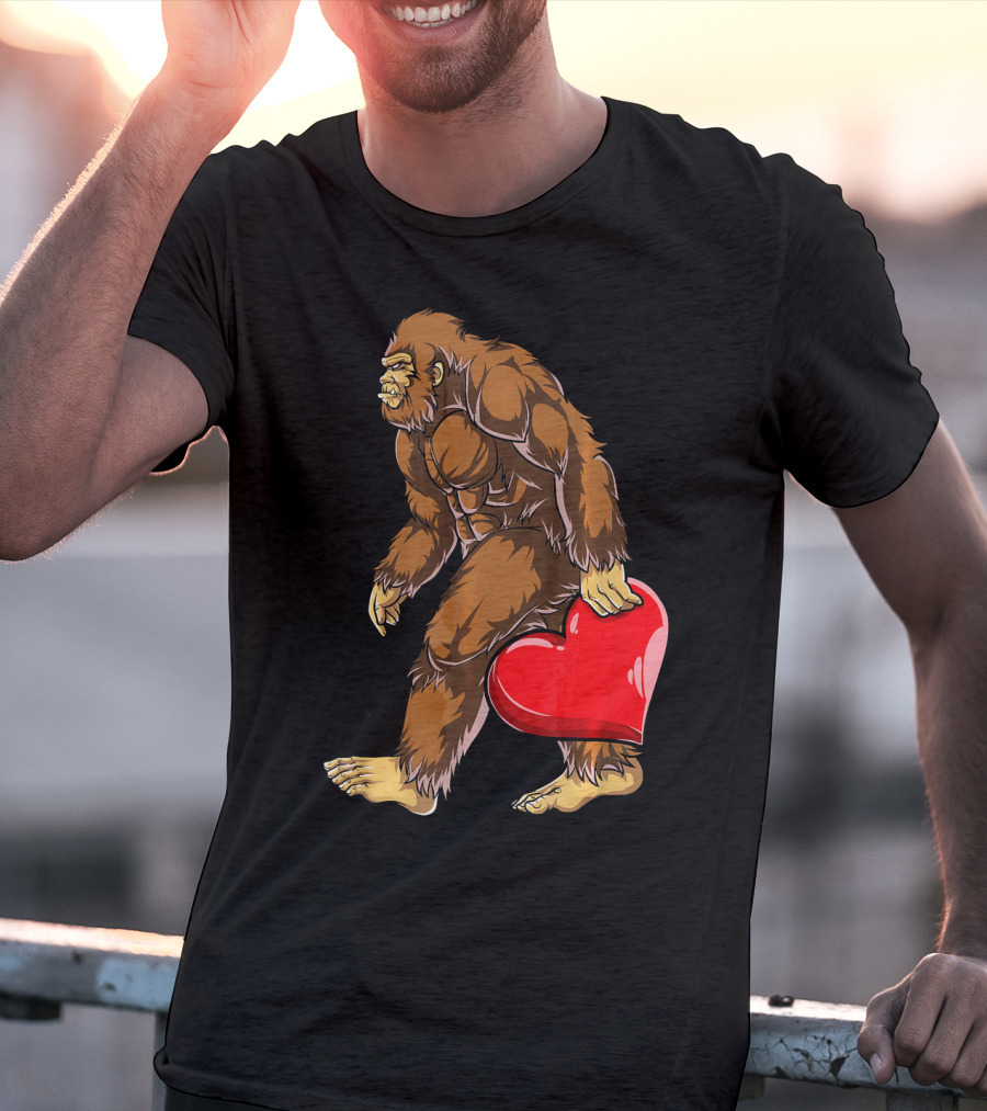 Bigfoot Carrying Heart Funny Valentine's Day T-Shirt