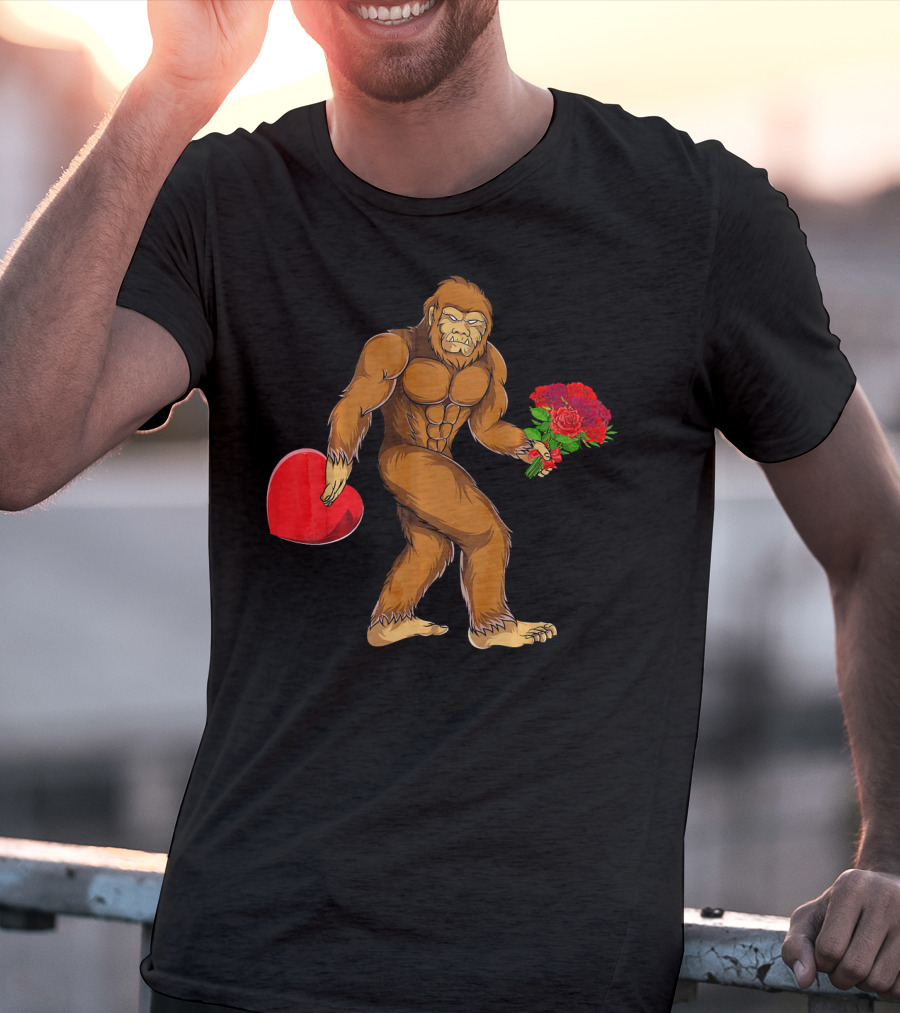 Bigfoot Heart Valentines Day Flowers T-Shirt
