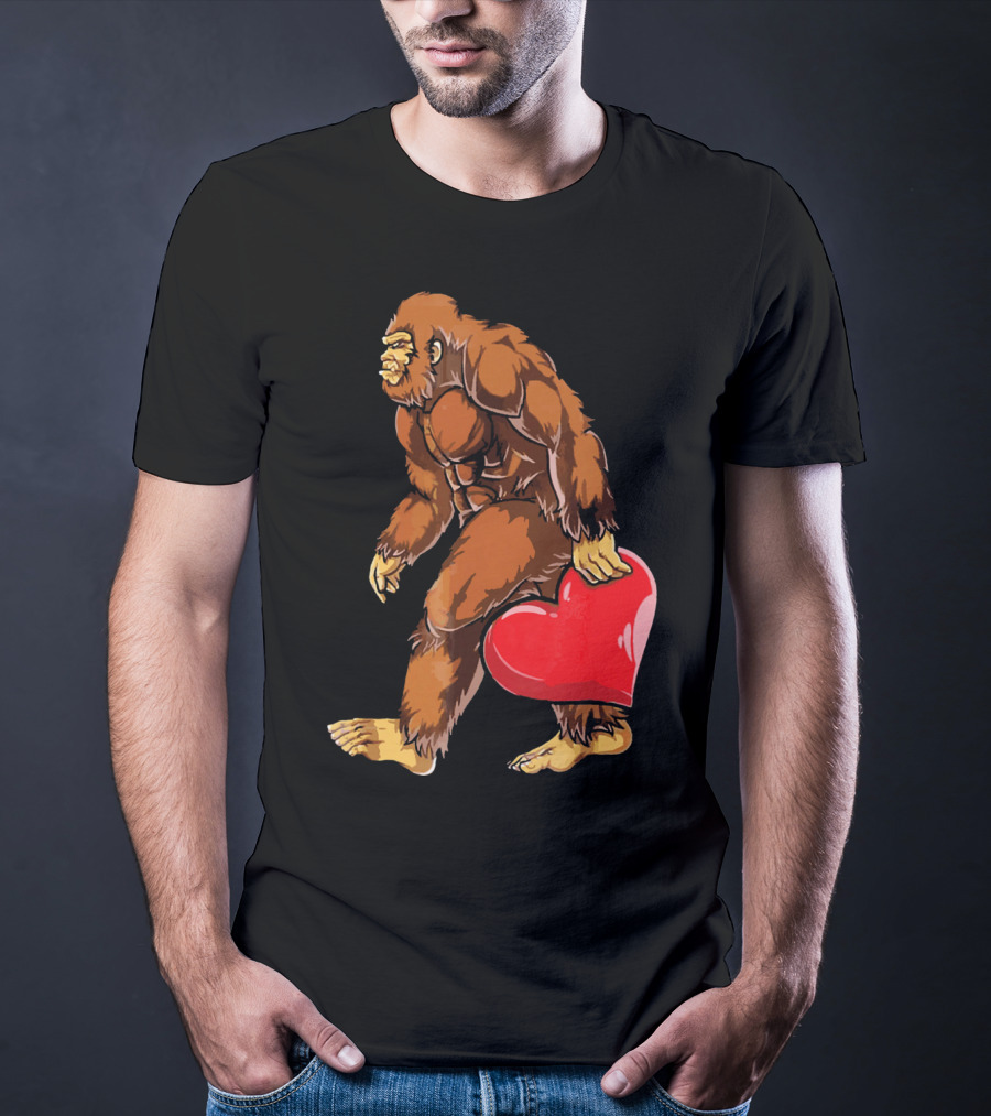 Bigfoot Holding A Red Heart For Funny Valentine's Day T-Shirt
