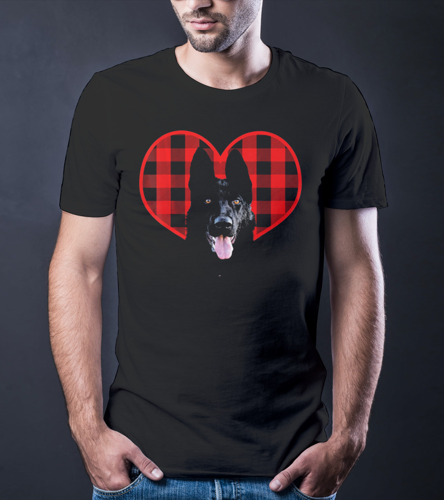 Black German Shepherd Plaid Heart Valentine T-Shirt