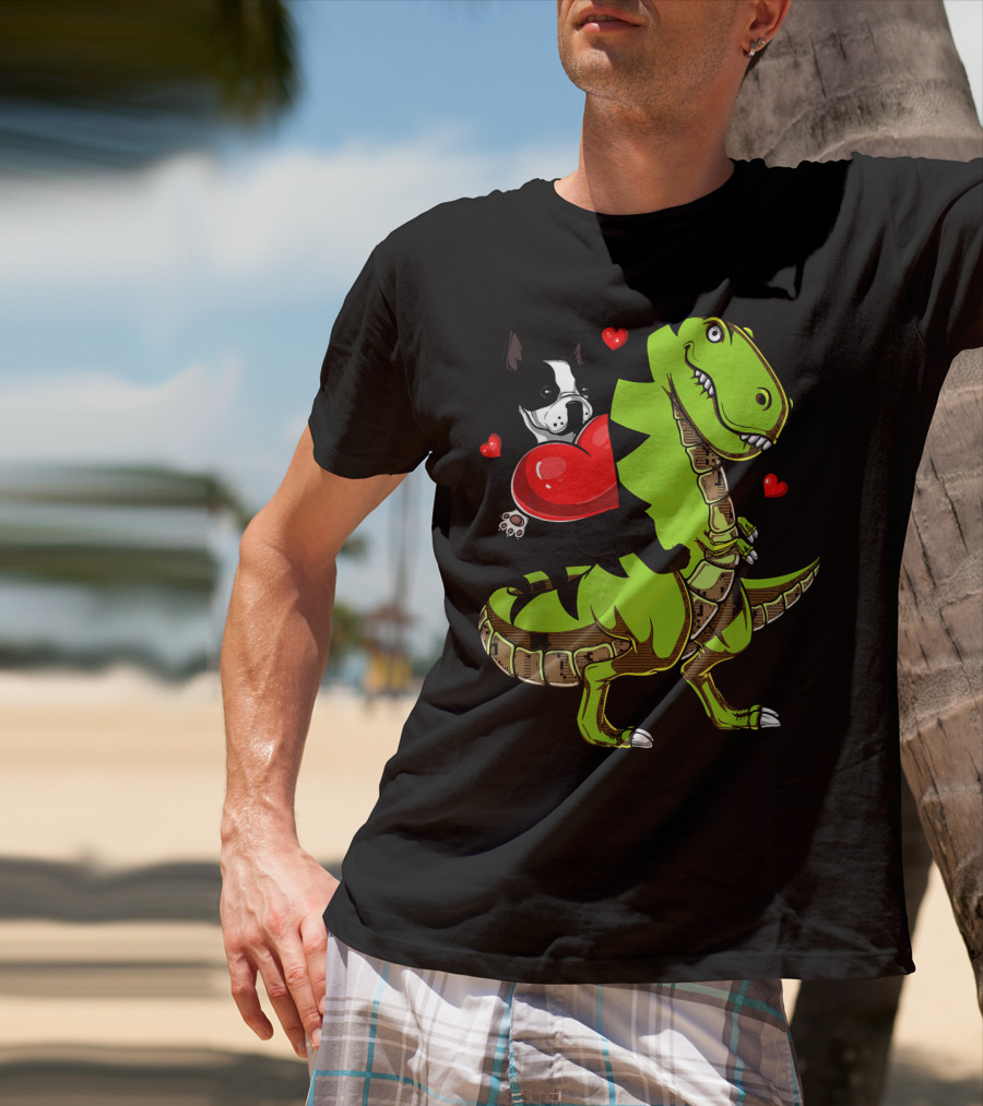 Boston Terrier With Red Hearts Riding A Green Rex Dinosaur T-Shirt