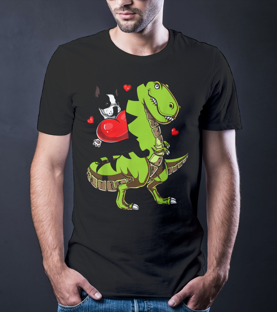 Boston Terrier With Red Hearts Riding A Green Rex Dinosaur T-Shirt