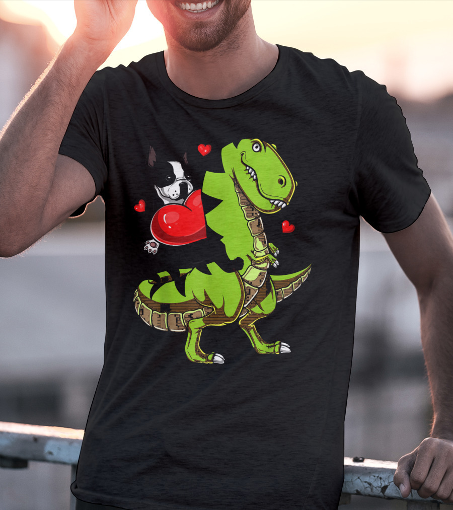 Boston Terrier With Red Hearts Riding A Green Rex Dinosaur T-Shirt