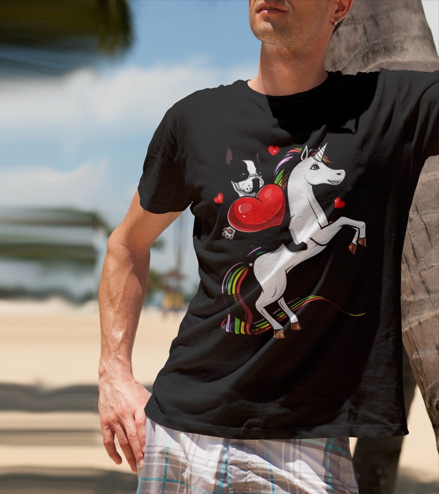 Boston Terrier Dog Holding Heart Riding Colorful Unicorn With Hearts T-Shirt