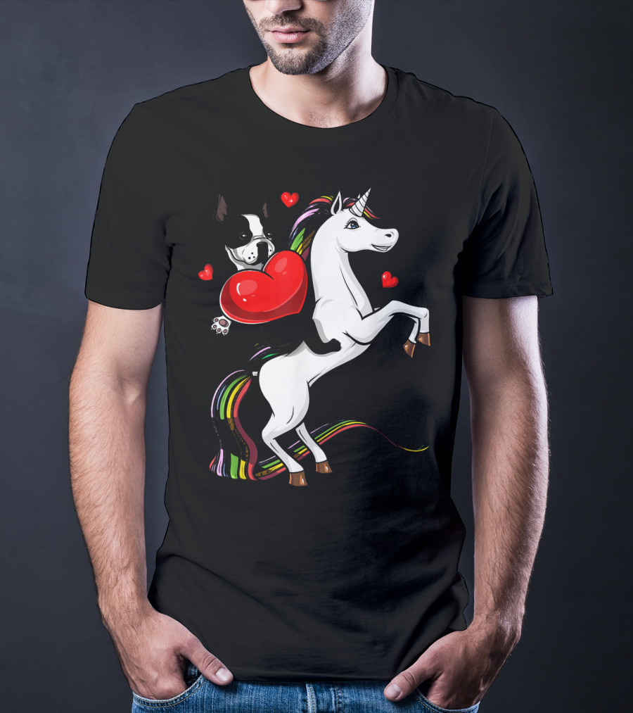 Boston Terrier Dog Holding Heart Riding Colorful Unicorn With Hearts T-Shirt