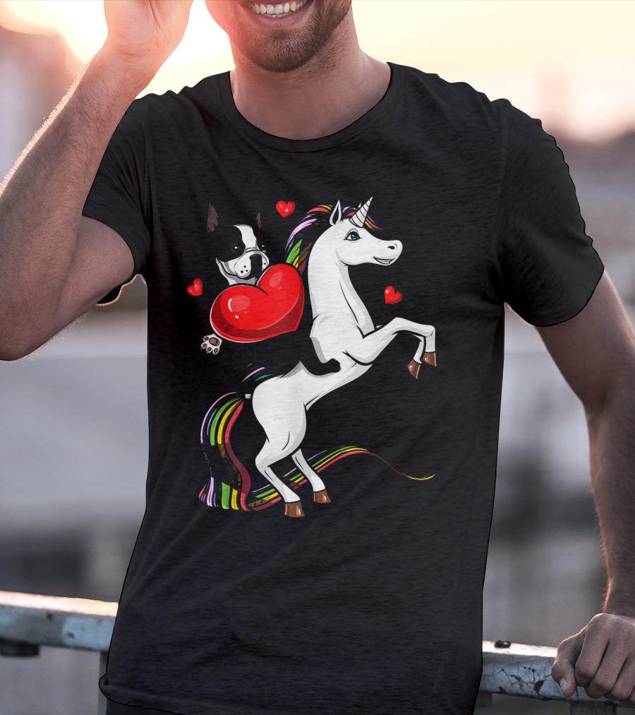 Boston Terrier Dog Holding Heart Riding Colorful Unicorn With Hearts T-Shirt