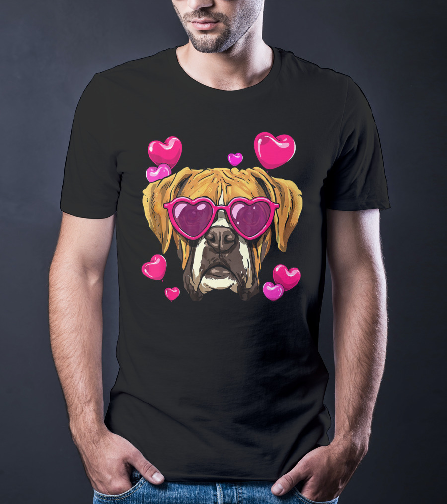 Boxer Dog With Heart Glasses Surrounded By Pink Valentine Hearts T-Shirt