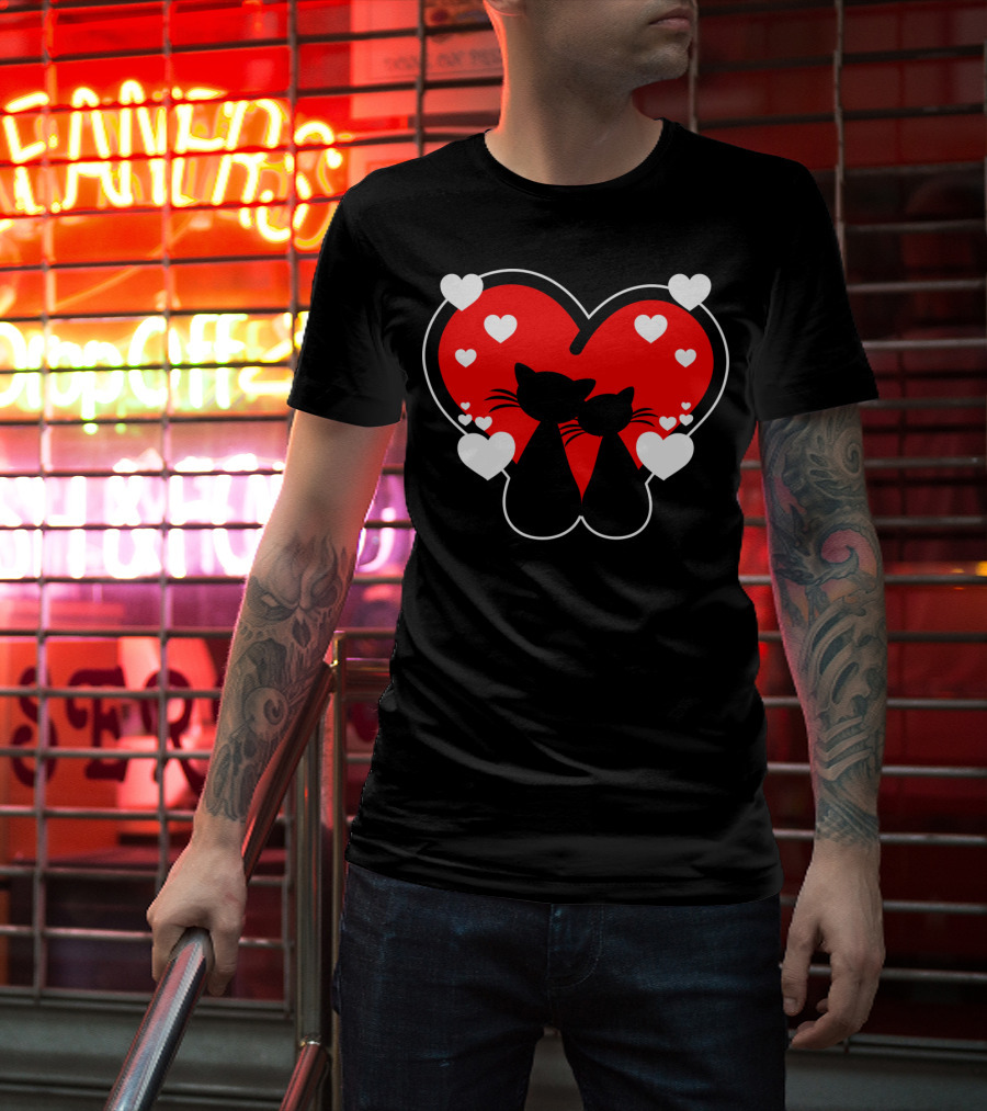 Cat Love Heart Valentines With Silhouette Cats And Hearts T-Shirt