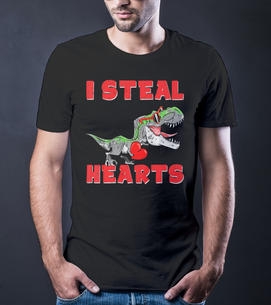 I Steal Hearts Boys Valentines Day Kids Dinosaur Trex T-Shirt