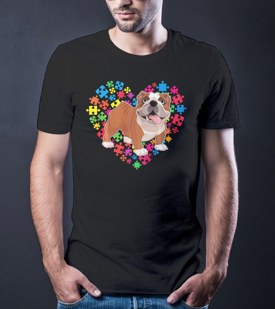 Bulldog Valentine Heart With Colorful Puzzle Pieces Background T-Shirt