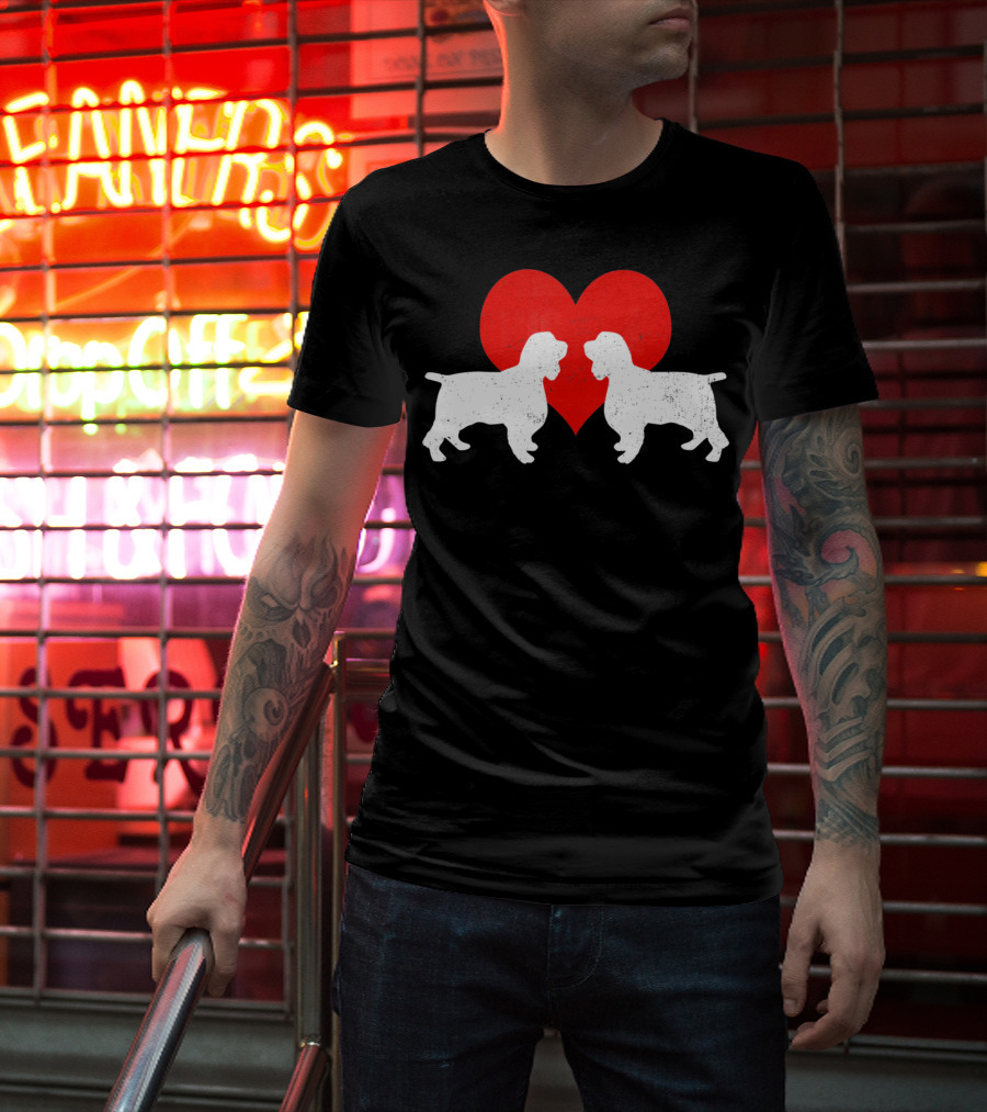 Couple English Springer Spaniel Dogs With Red Heart T-Shirt