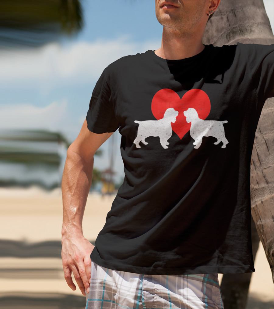 Couple English Springer Spaniel Dogs With Red Heart T-Shirt