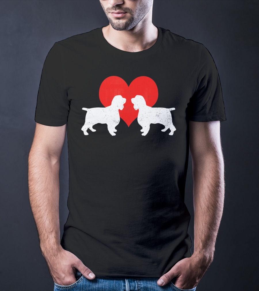 Couple English Springer Spaniel Dogs With Red Heart T-Shirt