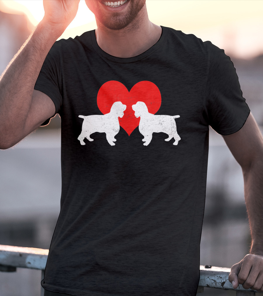 Couple English Springer Spaniel Dogs With Red Heart T-Shirt