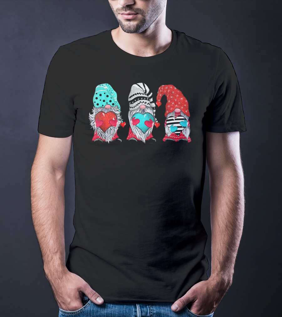 Couple Matching Outfit Gnomes Holding Hearts With Festive Hats T-Shirt