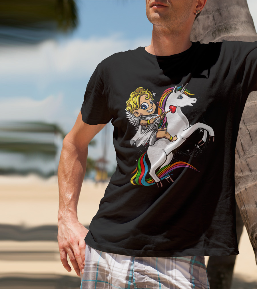 Cupid Riding Colorful Unicorn Valentines Day Magic T-Shirt
