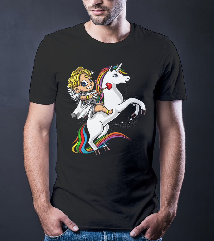 Cupid Riding Colorful Unicorn Valentines Day Magic T-Shirt