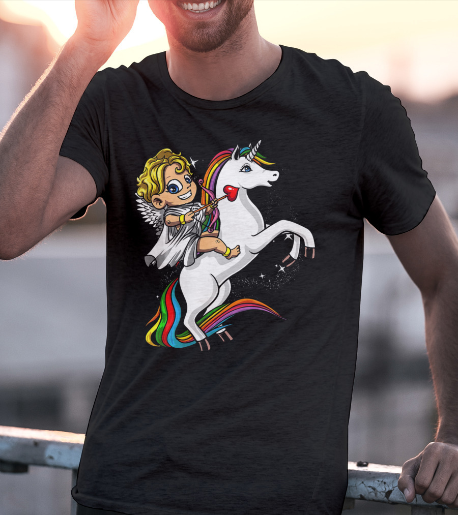 Cupid Riding Colorful Unicorn Valentines Day Magic T-Shirt