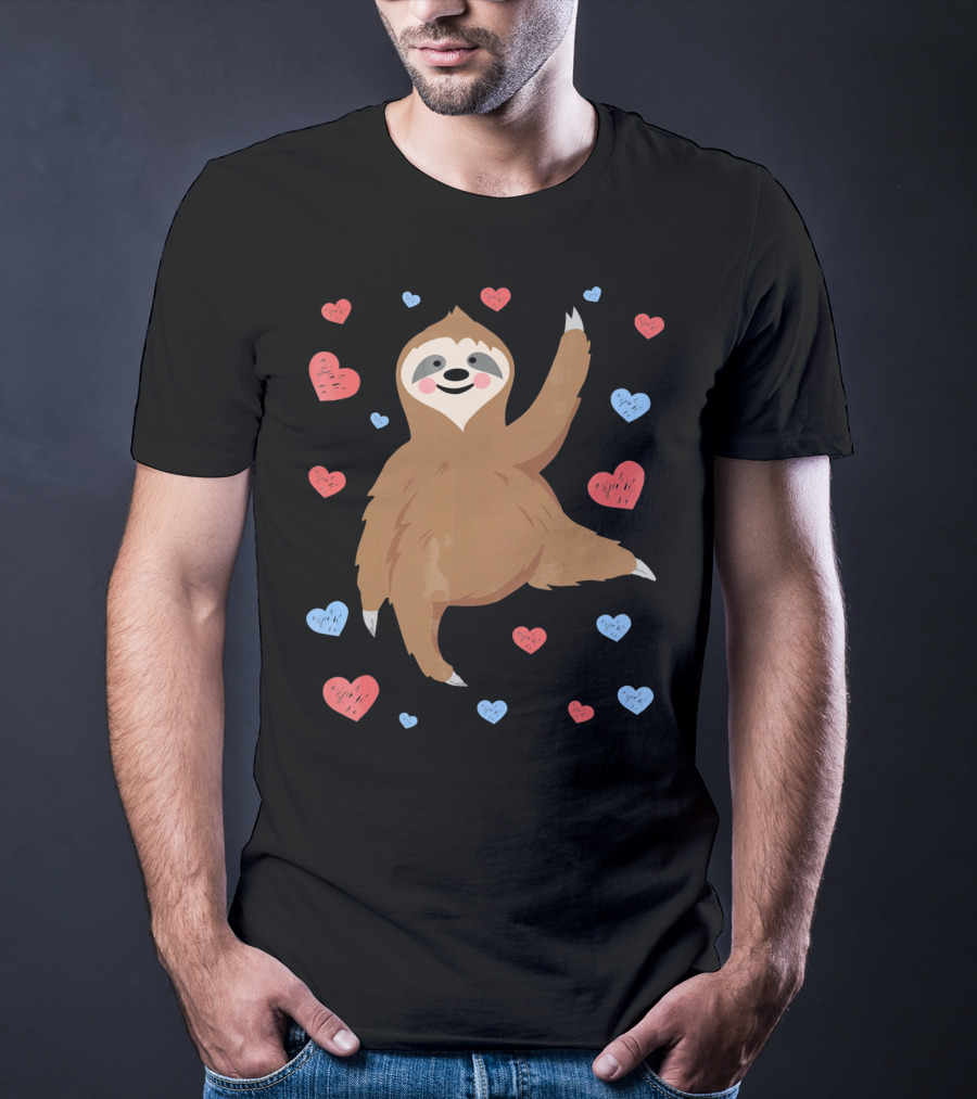 Cute Cuddly Sloth Surrounded By Red And Blue Hearts Valentine's Day T-Shirt