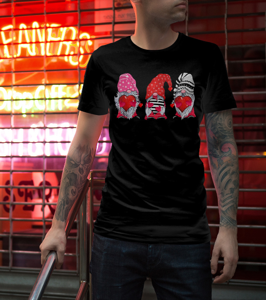 Cute Gnomes Valentine's Couple Heart Match Striped Red Hat Polka Dot T-Shirt