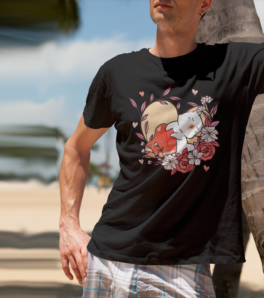 Cute Kawaii Cat Hugging Heart Surrounded By Valentines Day Flowers T-Shirt