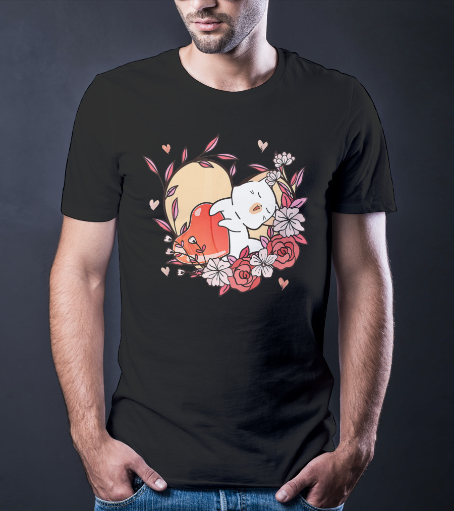 Cute Kawaii Cat Hugging Heart Surrounded By Valentines Day Flowers T-Shirt