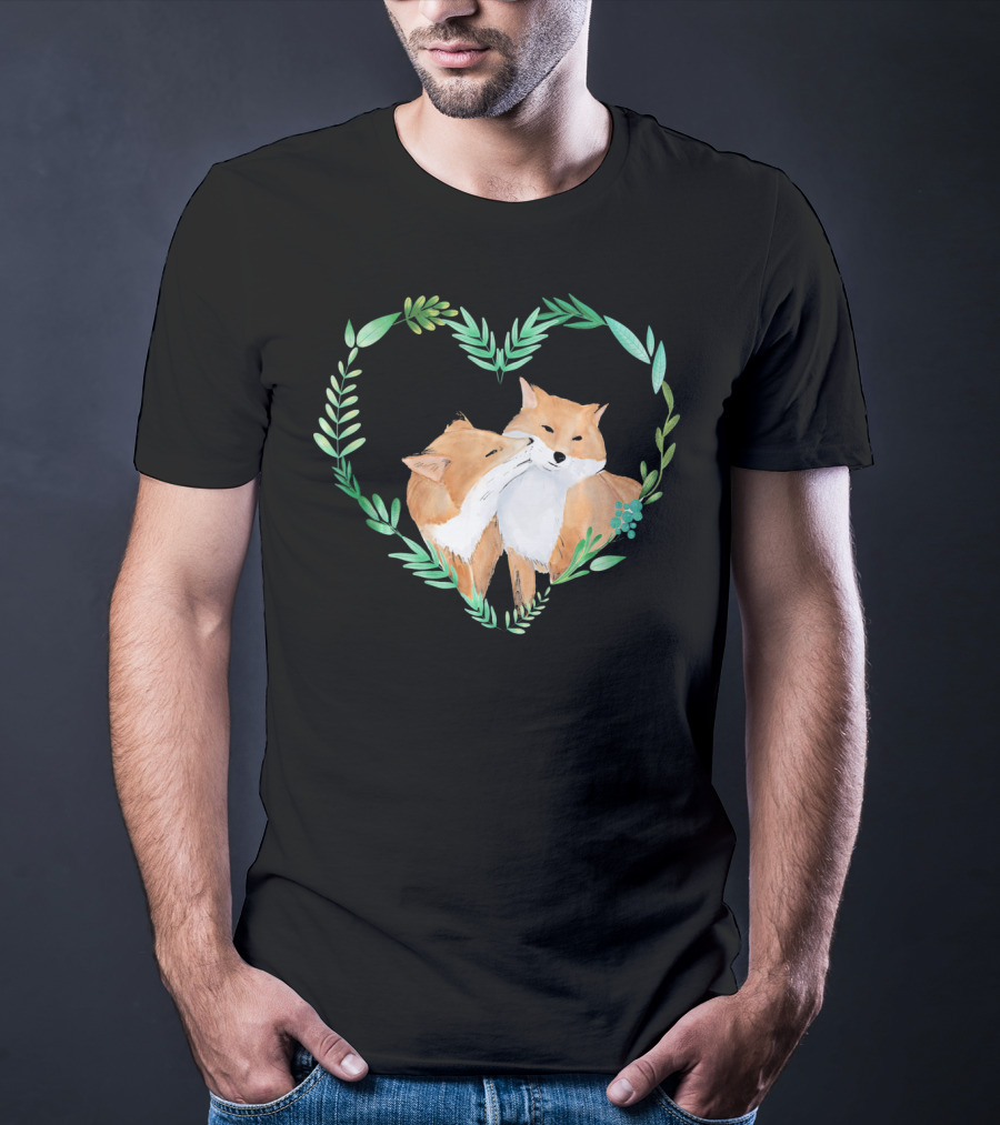 Cute Love Foxes Valentines Day Heart Greenery T-Shirt