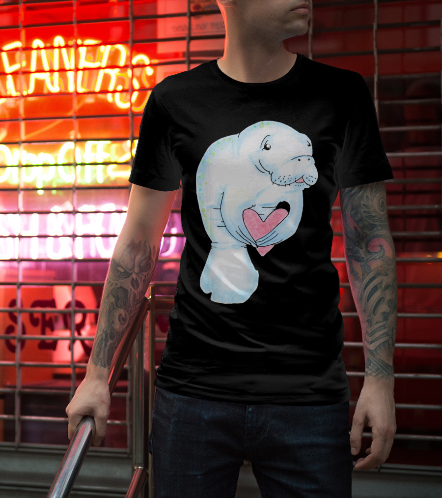 Manatee Holding Heart Valentines Day T-Shirt