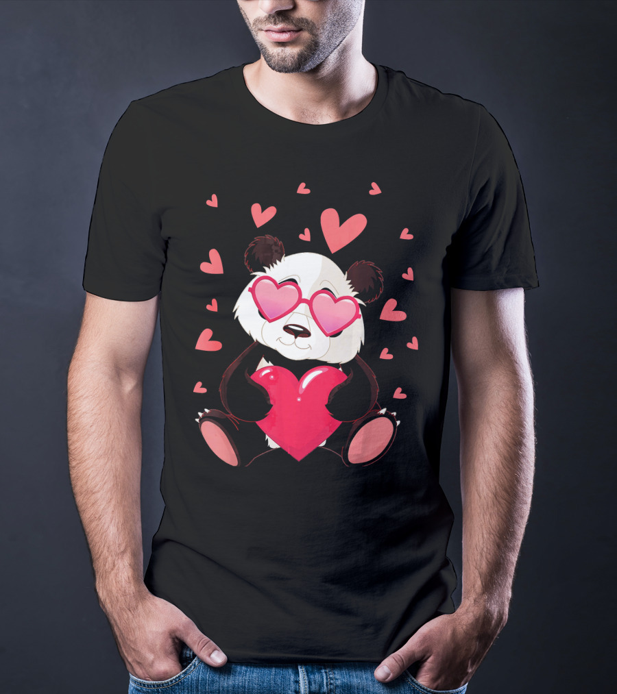 Cute Panda With Heart Glasses Valentines Day T-Shirt