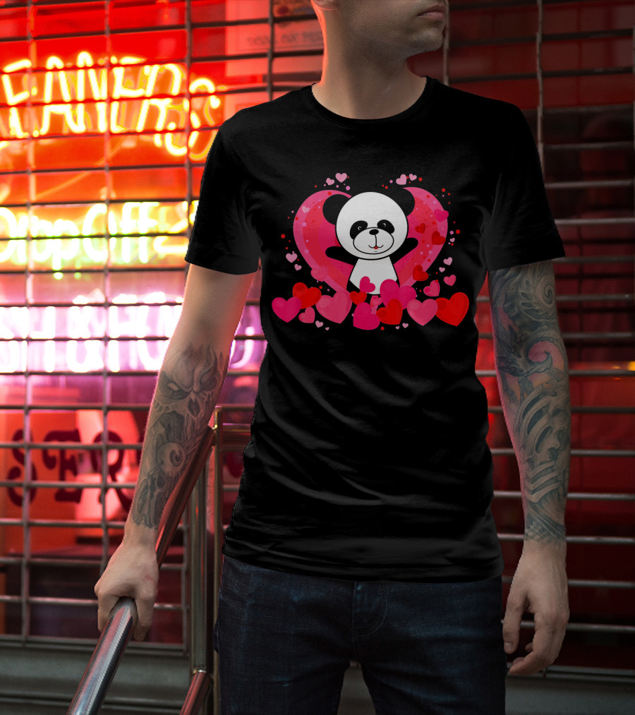 Cute Panda Surrounded By Pink And Red Hearts With Large Heart Background T-Shirt