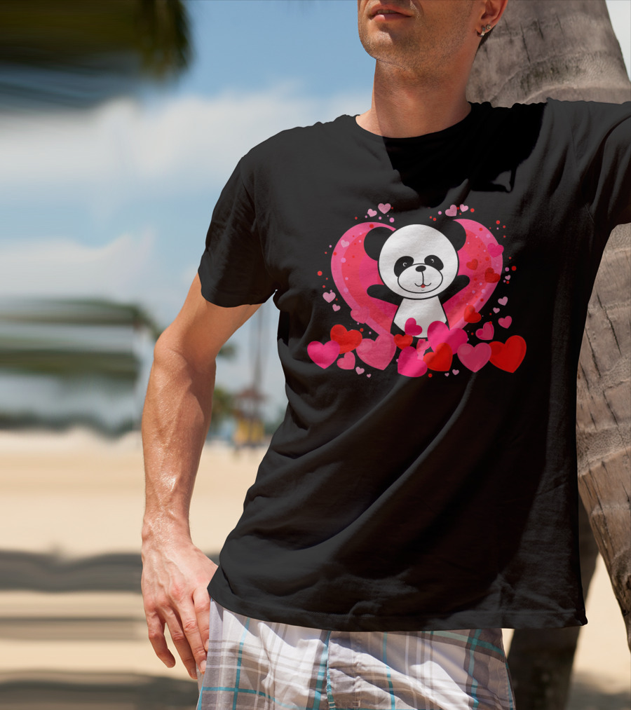 Cute Panda Surrounded By Pink And Red Hearts With Large Heart Background T-Shirt