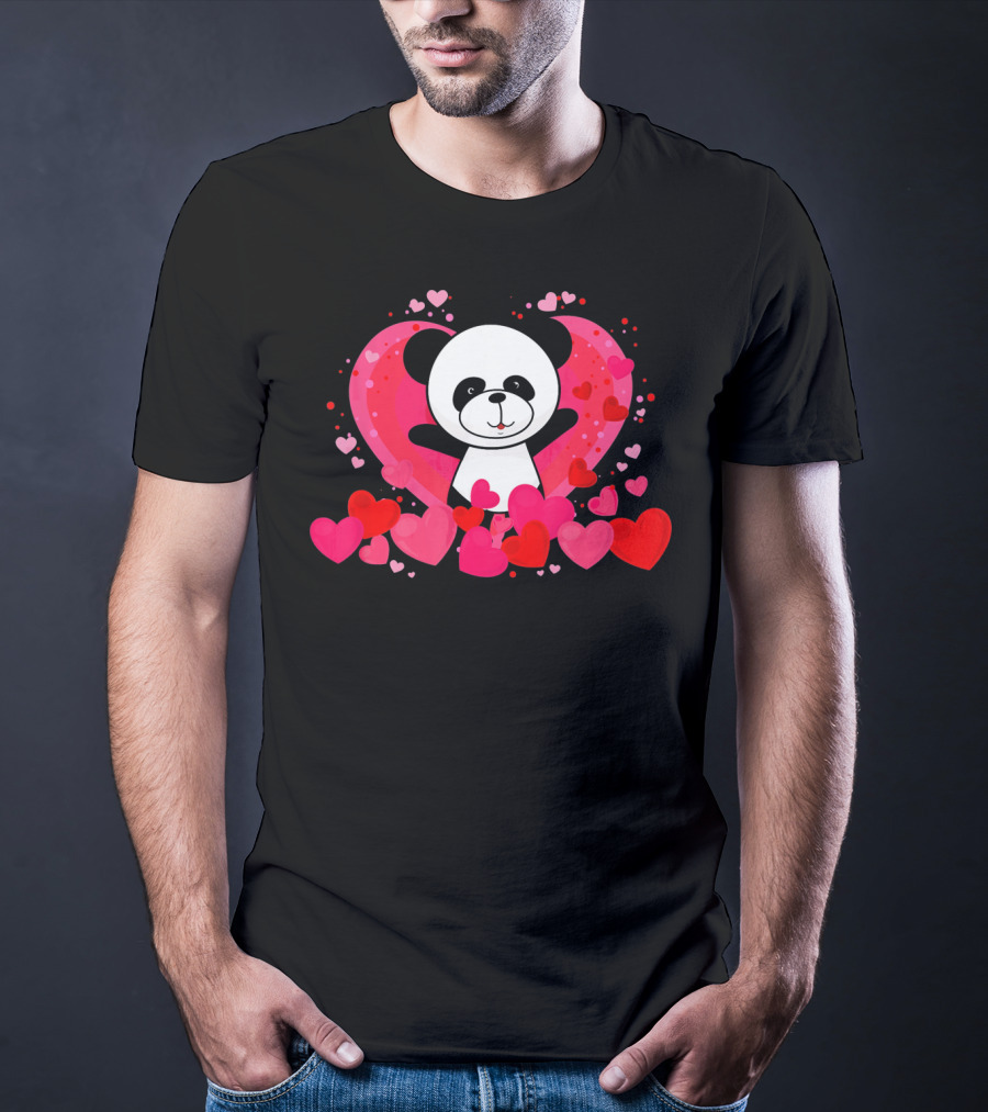 Cute Panda Surrounded By Pink And Red Hearts With Large Heart Background T-Shirt