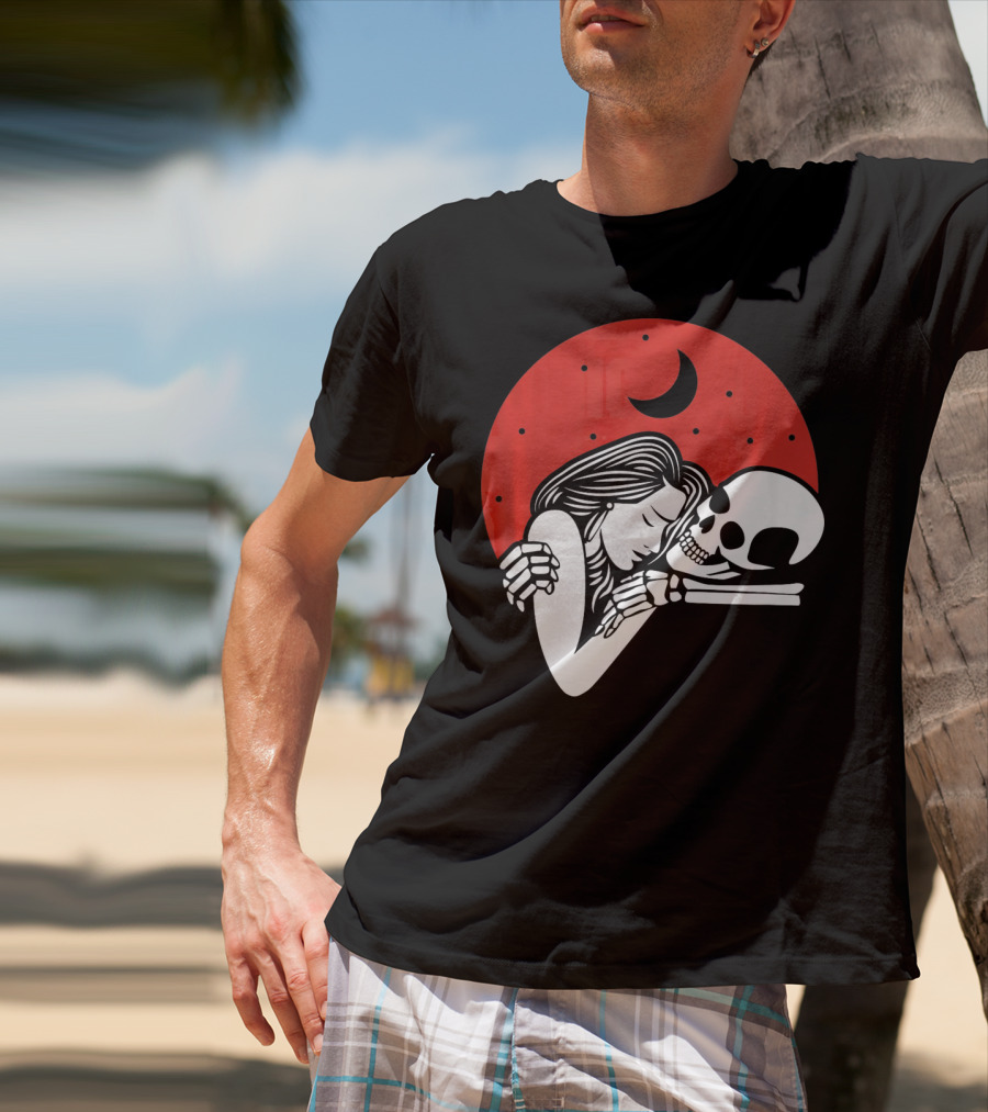 Cute Skeleton Romantic Valentines Moon Embrace T-Shirt