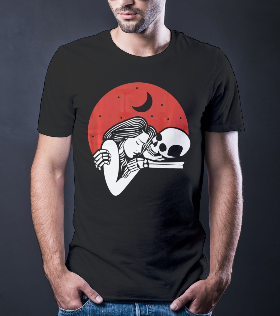 Cute Skeleton Romantic Valentines Moon Embrace T-Shirt