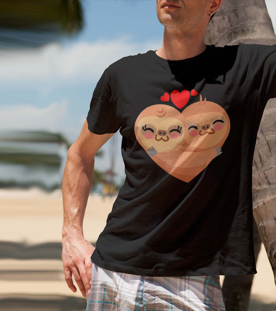 Cute Sloth Love Heart Valentines Pair With Red Hearts T-Shirt