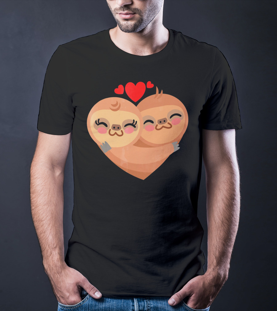 Cute Sloth Love Heart Valentines Pair With Red Hearts T-Shirt