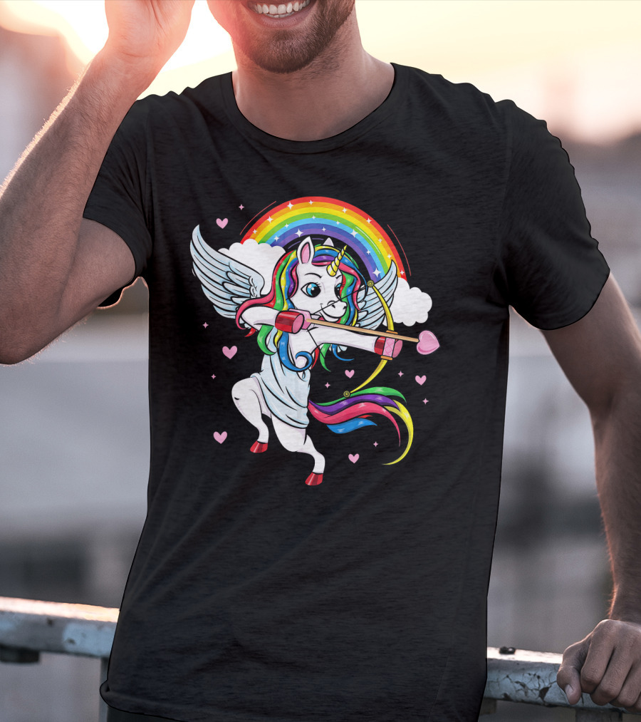 Cute Unicorn Cupid Rainbow Valentines Day Heart Girls T-Shirt