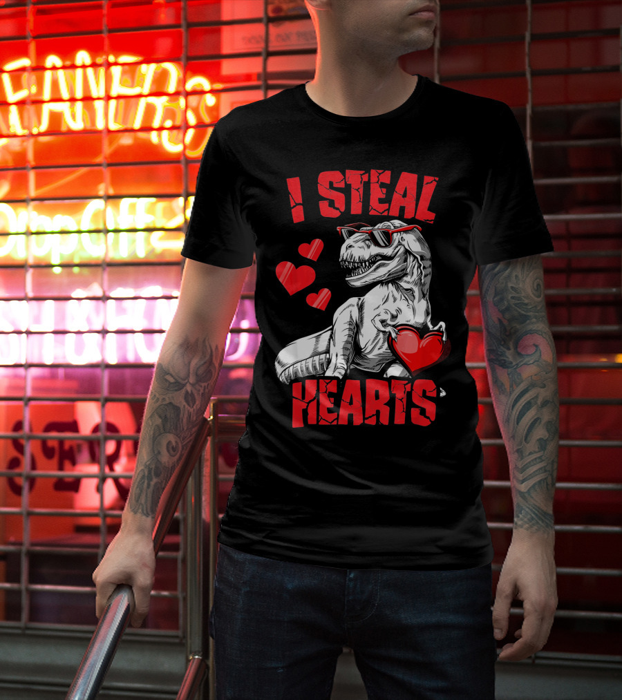 I Steal Hearts Boys Valentines Day Kids Dinosaur T-Shirt