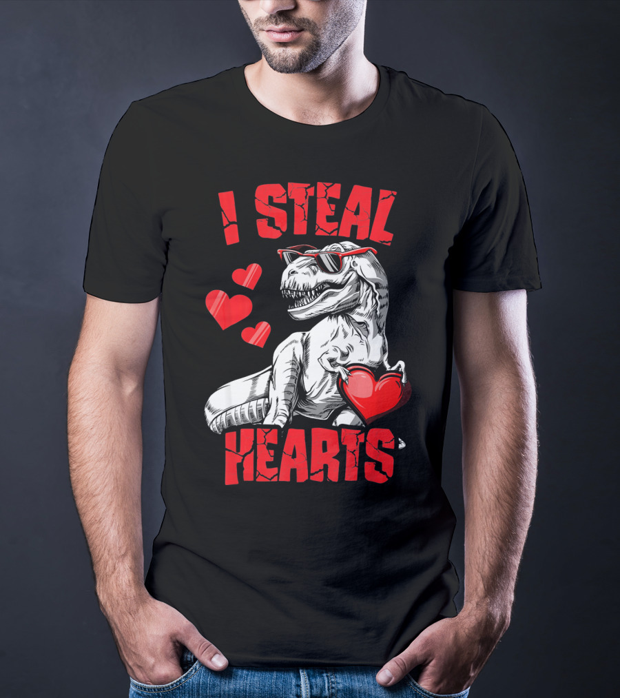 I Steal Hearts Boys Valentines Day Kids Dinosaur T-Shirt