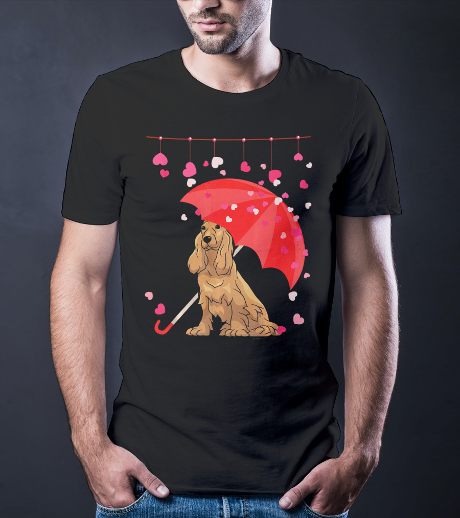 Cocker Spaniel Under Red Umbrella With Falling Hearts Valentines T-Shirt